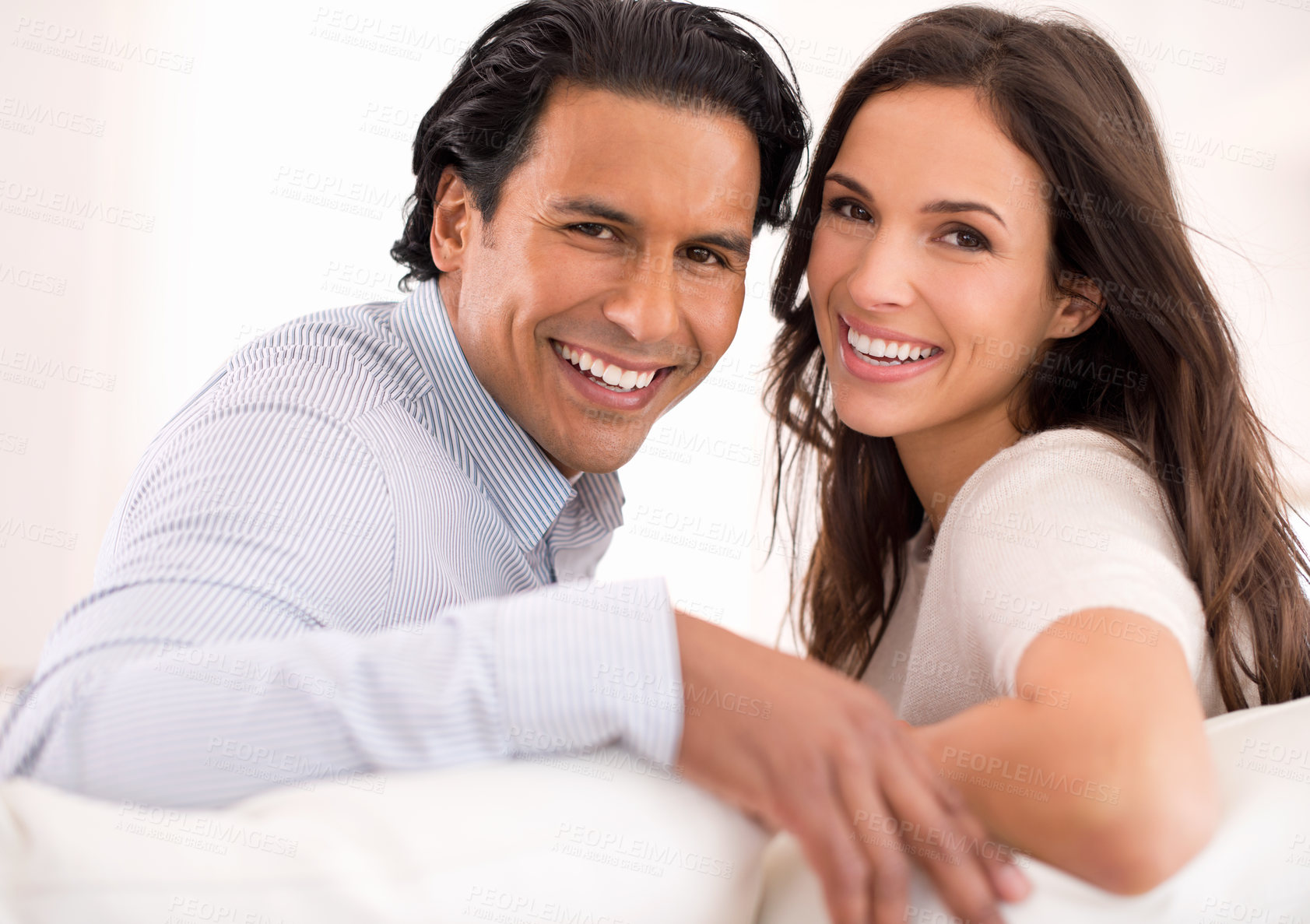 Buy stock photo Relax, love and portrait of couple on couch for weekend bonding, romance and connection in home. Happy, support and trust in marriage, man and woman on sofa with embrace, wellness and smile.