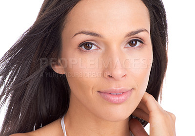 Buy stock photo Portrait, beauty and skincare with aesthetic woman in studio isolated on white background for wellness. Face, makeup or cosmetics and confident young person looking satisfied with dermatology