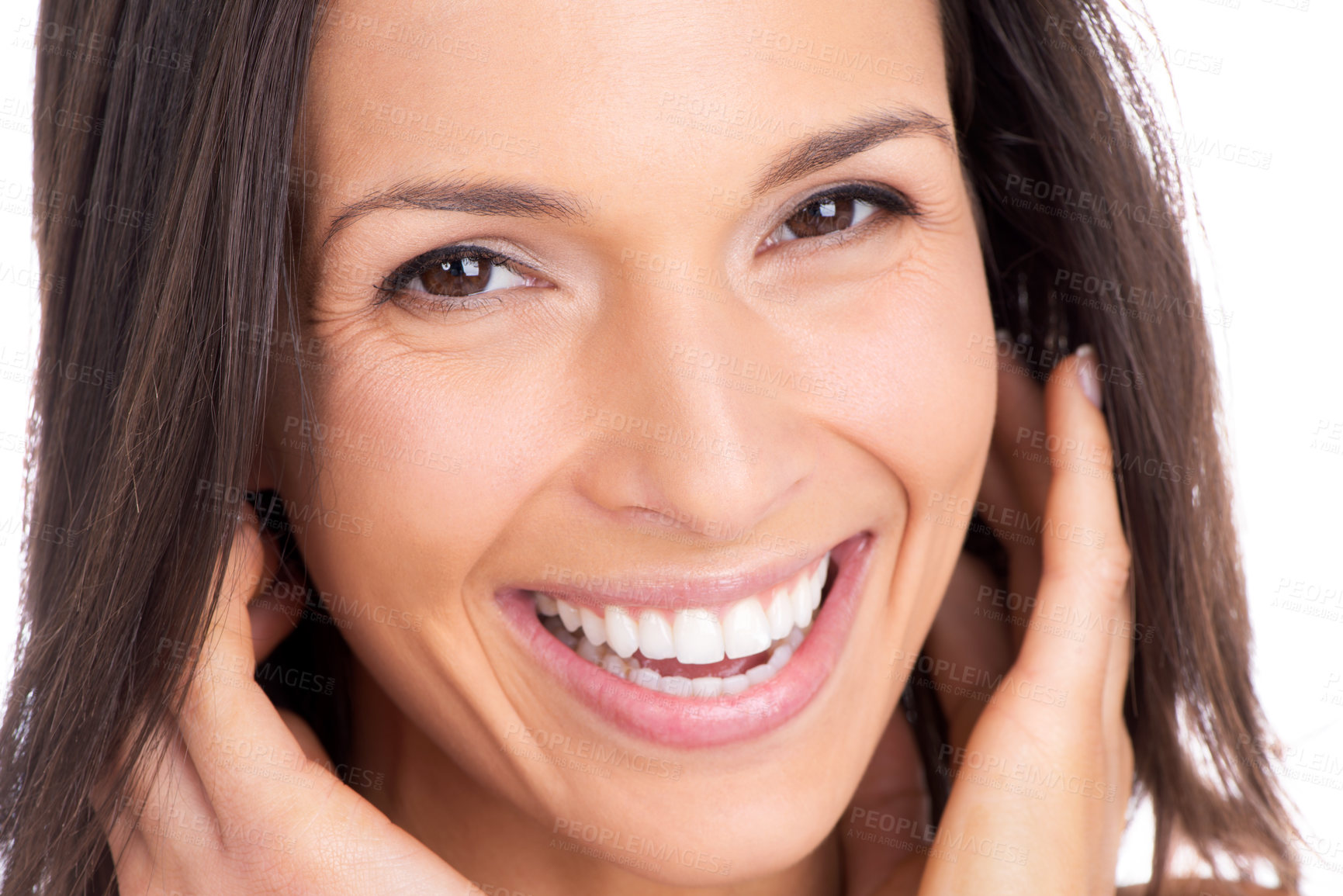 Buy stock photo Portrait, beauty and smile with positive woman in studio isolated on white background for wellness. Face, skincare or makeup and happy, cheerful young person looking satisfied with dermatology