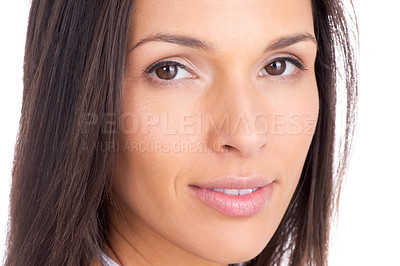 Buy stock photo Portrait, beauty and aesthetic with confident woman in studio isolated on white background for wellness. Face, skincare or makeup and perfect aesthetic young person looking satisfied with dermatology