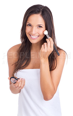 Buy stock photo Woman, portrait and makeup product or beauty cosmetic with towel or morning routine, blush or white background. Female person, smile and brush in London or studio with mockup space, skincare or tools