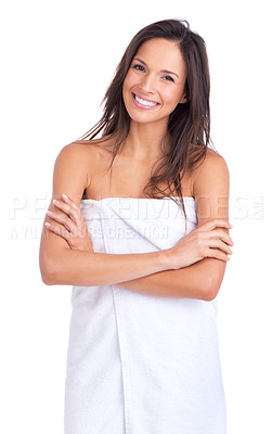 Buy stock photo Woman, portrait and shower with towel from spa, beauty or morning routine in studio. Skincare, smile and happy with body cleaning with arms crossed and dermatology with cosmetics and white background