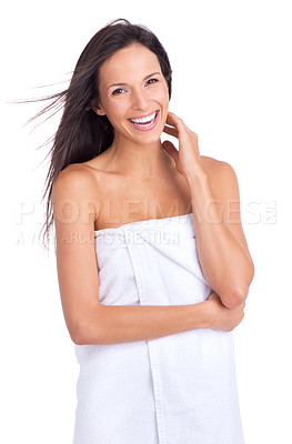 Buy stock photo Woman, portrait and smile in towel for hygiene care in studio or cleaning wellness for skincare, shower or white background. Female person, face and mockup space in London for morning, wash or beauty