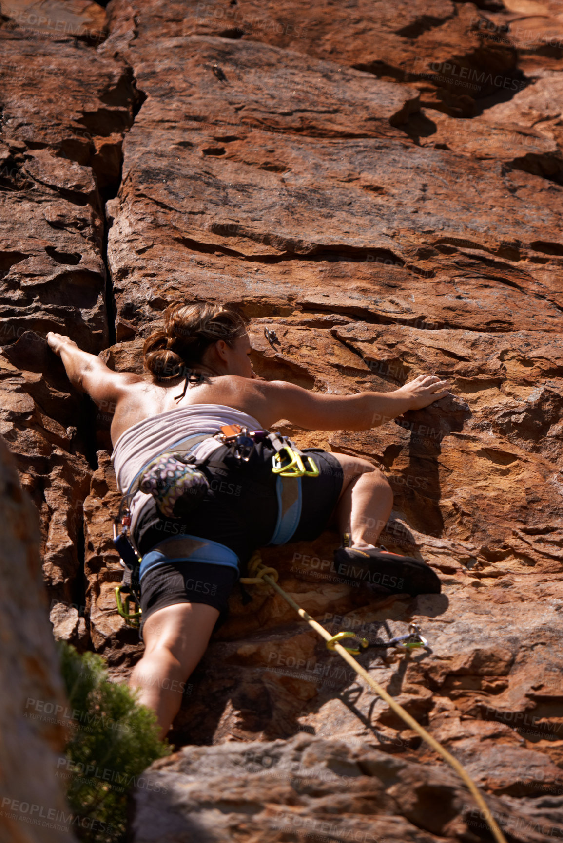 Buy stock photo Woman, back and rock climbing for fitness in outdoors, challenge and rope for training. Female person, cliff and extreme sport for exercise or workout, low angle and support to explore in nature