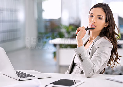 Buy stock photo Portrait, business and woman at a desk, laptop and thinking with internet and brainstorming with decision. PR agency, entrepreneur and SEO specialist with a pc and ideas for a project and planning