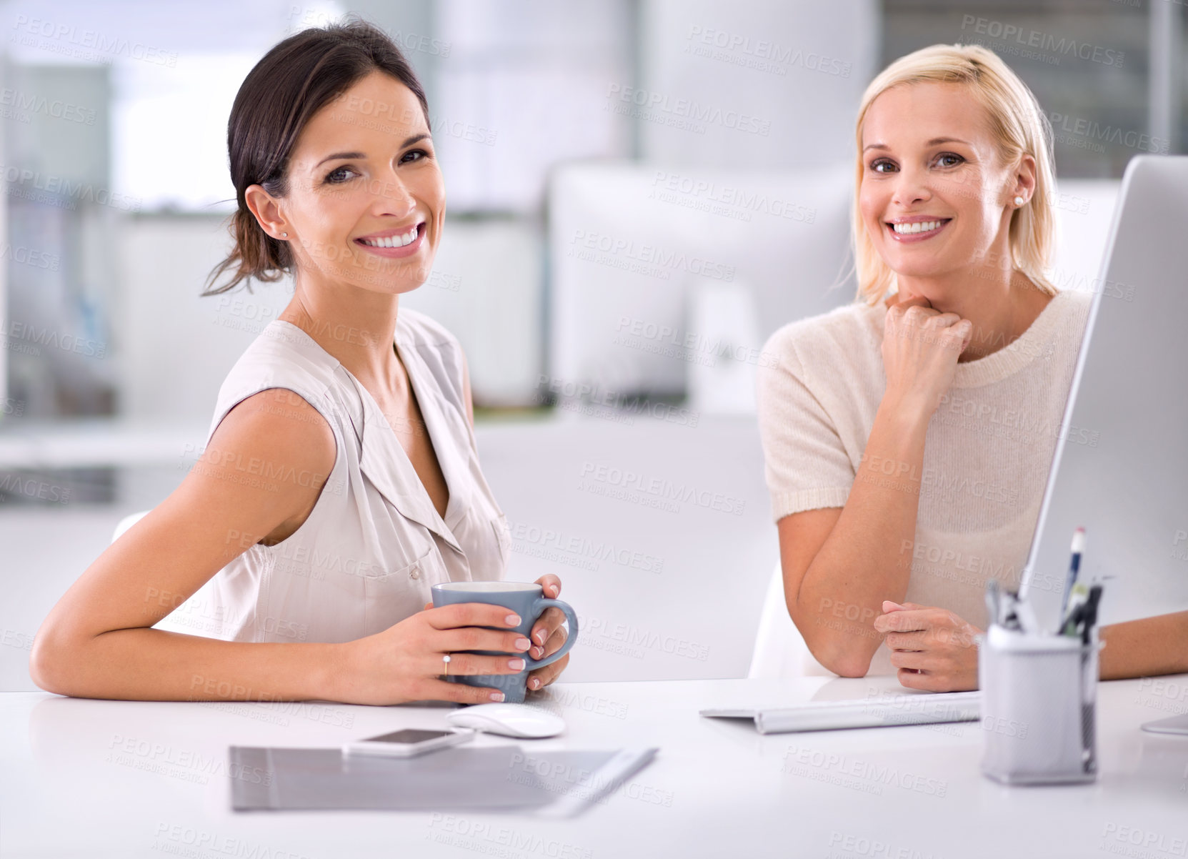 Buy stock photo Portrait, computer and colleagues smile for teamwork, together and creative company as business. Women, happiness and technology for work with connection to internet, collaboration and pc for job