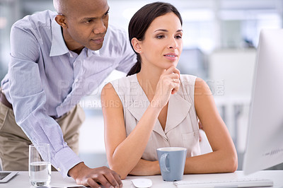 Buy stock photo Conversation, computer and business people with teamwork, cooperation and planning. Startup, man and woman with a pc or discussion for project or PR agency with partnership, brainstorming or coaching