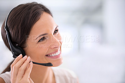 Buy stock photo Call center, agent and smile with thinking in office for customer service, communication and support. Woman, headset and technology with vision for consulting, telemarketing or help for clients
