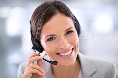 Buy stock photo Call center, woman and happy with portrait in office for customer service, communication or consulting. Businesswoman, headset and technology with smile for support, telemarketing or help for clients