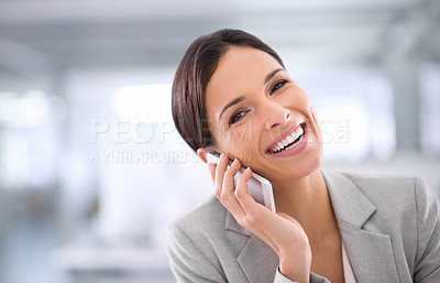Buy stock photo Happy and cheerful portrait of modern corporate businesswoman, smiling on mobile phone call. Young professional and executive modern businesswoman talking and laughing in cellphone conversation