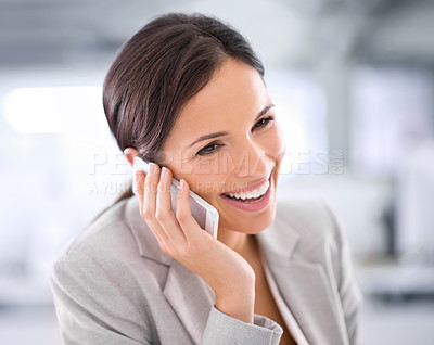 Buy stock photo Professional, networking and happy phone call with woman in office with communication of investment. Investor, smile and thinking on smartphone with information for client on stocks or finance
