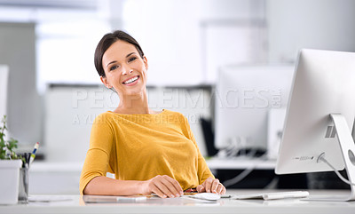 Buy stock photo Portrait, employee and woman at a desk, computer and thinking with internet and brainstorming with decision. PR agency, smile and SEO specialist with a pc and ideas for a project, office and planning
