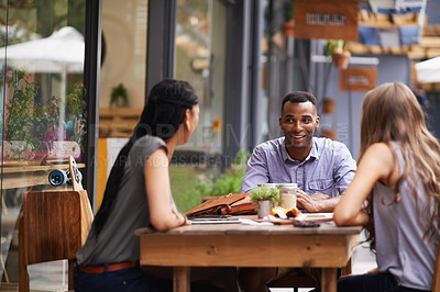 Buy stock photo Friends, relax with people at coffee shop and conversation for bonding, diversity and trust outdoor in San Francisco. Support, loyalty and friendship date at cafe for social gathering or reunion