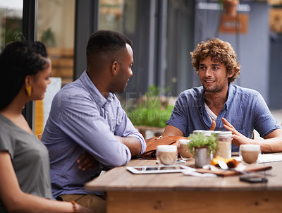 Buy stock photo Friends, relax with people at cafe and bonding with conversation, diversity and trust outdoor in San Francisco. Support, loyalty and friendship date in coffee shop for social gathering or reunion