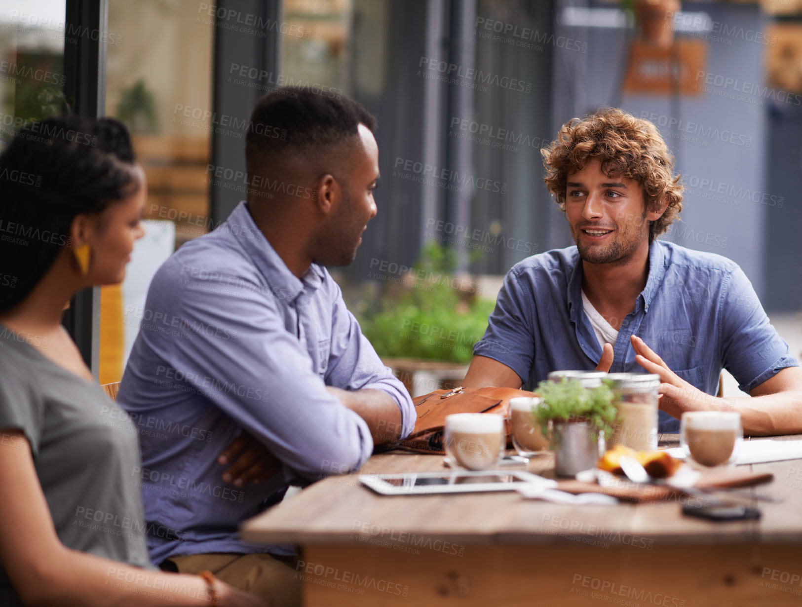 Buy stock photo Friends, relax with people at cafe and bonding with conversation, diversity and trust outdoor in San Francisco. Support, loyalty and friendship date in coffee shop for social gathering or reunion