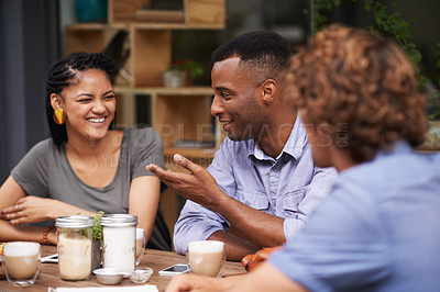 Buy stock photo Friends, people relax together at coffee shop and bonding with conversation, diversity and trust outdoor in San Francisco. Support, loyalty and friendship date at cafe for social gathering or reunion