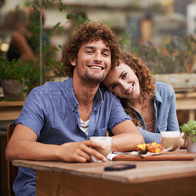 Buy stock photo Smile, love and portrait of couple at coffee shop on romantic, anniversary or morning date. Happy, positive and young man and woman bonding at cafeteria or restaurant for cappuccino together.