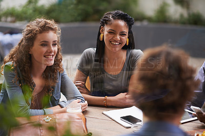 Buy stock photo Smile, chat and friends in restaurant together for bonding, fun social gathering and conversation. Coffee shop, brunch and people relax in sidewalk cafe for reunion, drinks and happy discussion.