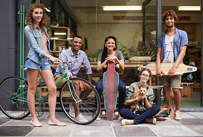 Buy stock photo Bike, skateboard and portrait of urban friends on sidewalk together with smile, diversity and bonding. City, gen z style and group of people with street fashion, positive attitude and happy culture.