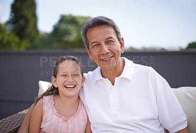 Buy stock photo Happy, portrait and grandpa with girl outdoor on holiday or vacation together in retirement with love. Senior, man and grandparent relax with child on sofa in backyard, garden or embrace in Mexico
