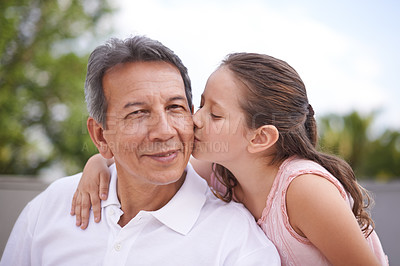 Buy stock photo Outdoor, portrait and girl kiss grandpa on summer, holiday or vacation together in retirement with love. Senior, man and grandparent relax with child in backyard, garden or hug in Mexico with care