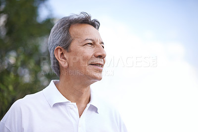 Buy stock photo Senior man, thinking and relax outside with blue sky, pension and retirement ideas. Elderly male person, mindfulness and vision of experience memories, nature and garden with trees mockup space