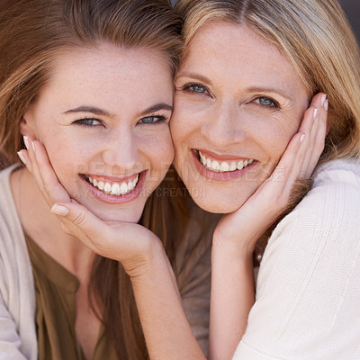Buy stock photo Mother, daughter and embrace with smile, closeup and love for happiness outside. Women, motherhood and mom for growth, connection and positivity while relaxing with family and sunshine, joy or fun