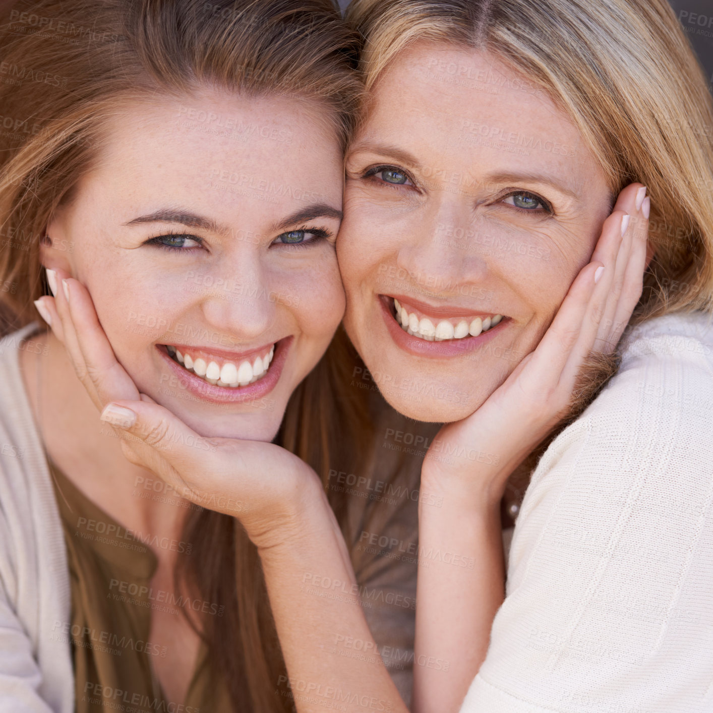 Buy stock photo Mother, daughter and embrace with smile, closeup and love for happiness outside. Women, motherhood and mom for growth, connection and positivity while relaxing with family and sunshine, joy or fun