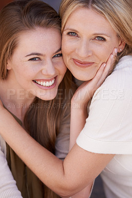 Buy stock photo Portrait, mom and teenager hug in happy embrace, woman and smiling together. Cheerful, Canada girl and mama with love for mothers day, relationship and family bonding with parents and hand on face