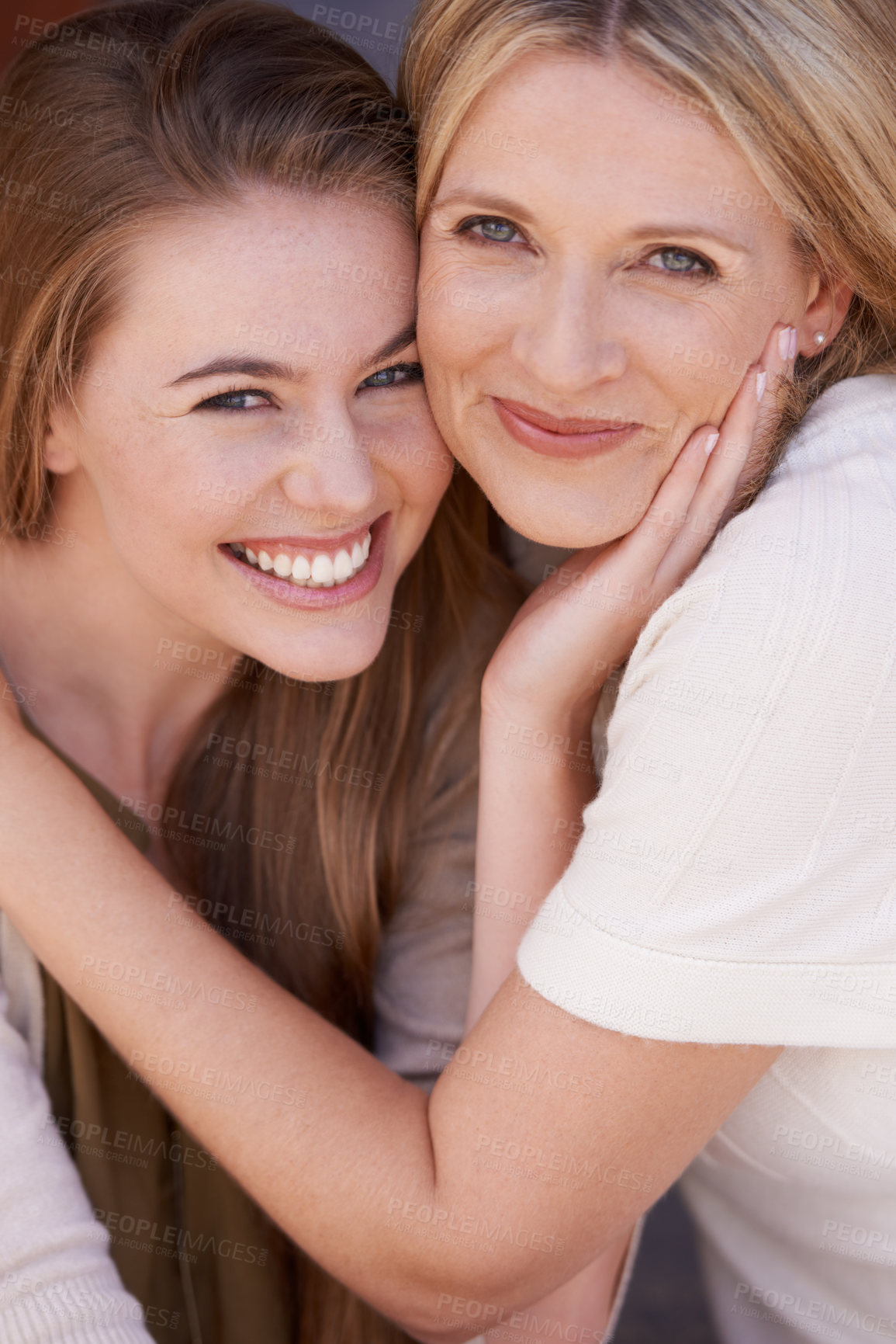 Buy stock photo Portrait, mom and teenager hug in happy embrace, woman and smiling together. Cheerful, Canada girl and mama with love for mothers day, relationship and family bonding with parents and hand on face