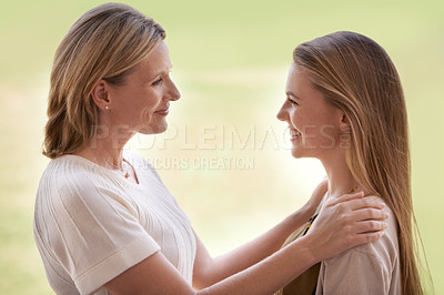 Buy stock photo Women, mother and daughter with embrace, smile and mature person with connection, care and love. Mom, girl and family with bonding, reunion and support with relationship, happy and together