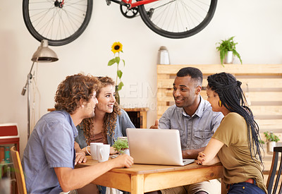 Buy stock photo Business people, planning and happy team on laptop in cafe for remote work in startup. Computer, diverse group or friends in coffee shop for collaboration, meeting or creative designers brainstorming