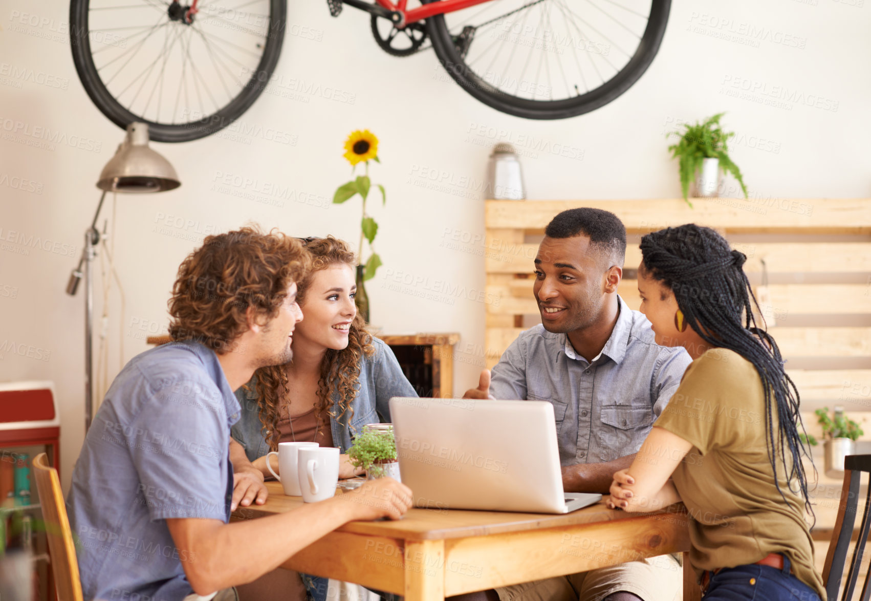 Buy stock photo Business people, planning and happy team on laptop in cafe for remote work in startup. Computer, diverse group or friends in coffee shop for collaboration, meeting or creative designers brainstorming