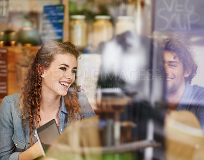 Buy stock photo Conversation, window and people in restaurant together for bonding, social gathering and lunch. Coffee shop, brunch and diversity with group of friends relax in cafe for chat, drinks and happy face.