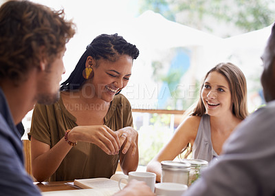 Buy stock photo Students, laughing and studying in coffee shop with books or friends for university education, course or learning. Man, woman and collaboration in cafe for scholarship or college degree, test or exam