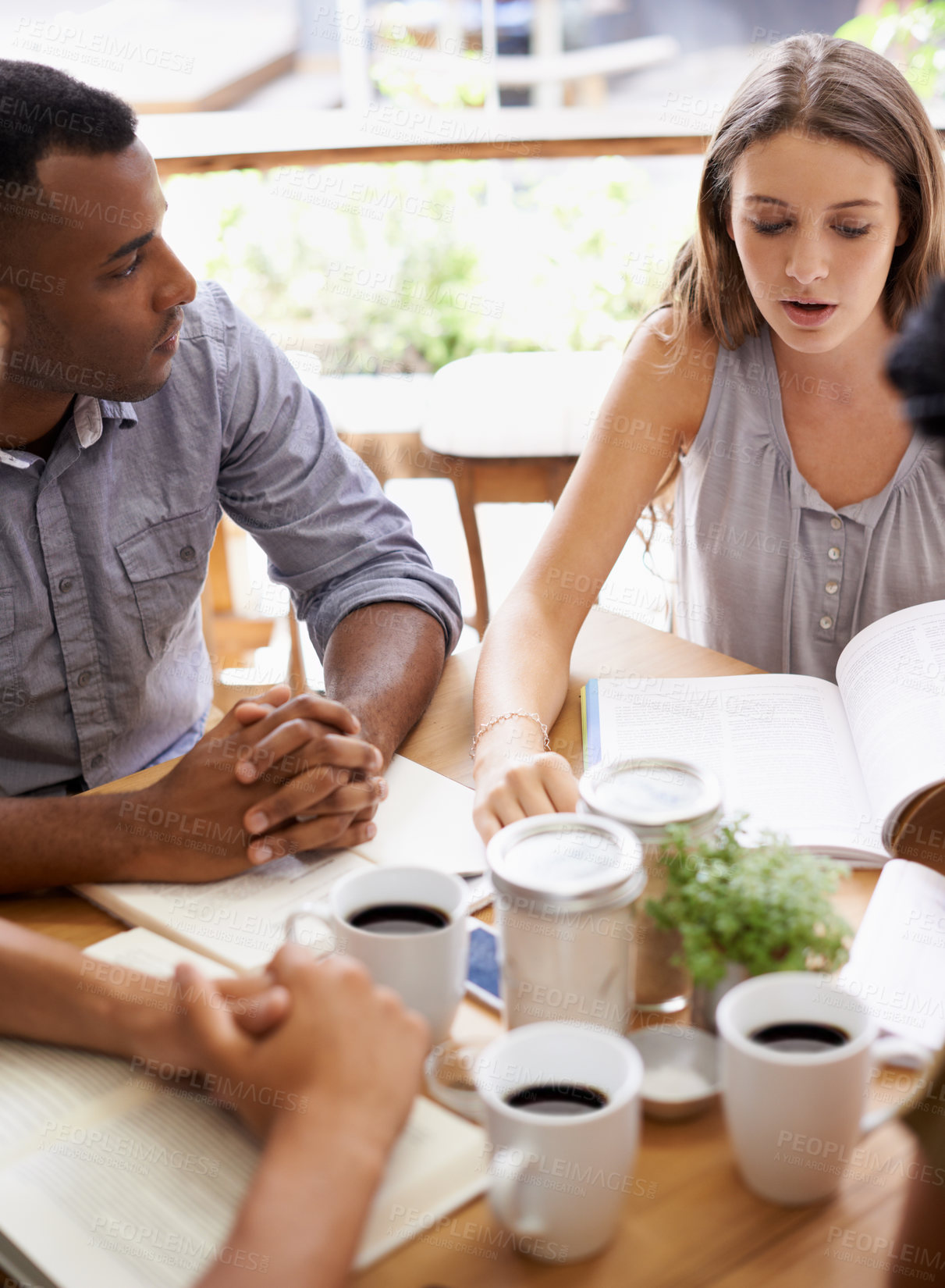 Buy stock photo Students, teamwork and studying in coffee shop with books or friends for university education, course or learning. Man, woman and collaboration in cafe for scholarship or college degree, test or exam