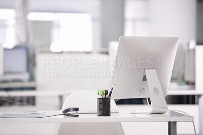 Buy stock photo Empty office, computer and business interior on desk, company furniture and workspace. Vacant workplace, corporate setup and technology on table, professional design and detail at modern agency