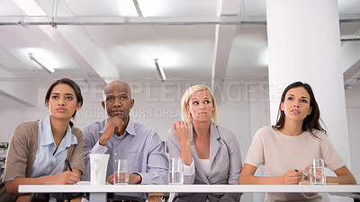 Buy stock photo Thinking, presentation and audience of business people in office for teamwork, collaboration and discussion. Corporate, company and men and women listen in meeting for feedback, review and report