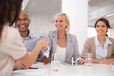 Buy stock photo Interview, business people or handshake in office meeting for welcome, hiring or startup negotiation success. Welcome, thank you or team shaking hands in b2b support, collaboration or partnership