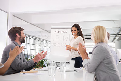 Buy stock photo Businesswoman, presentation and boardroom meeting with applause for company vision, development or coaching. Female person, colleagues and clapping for employee collaboration, achievement or goals