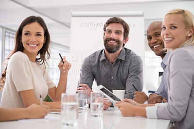 Buy stock photo Corporate, teamwork and business people with tablet in meeting, discussion and conversation for planning. Professional, office and men and women with tech for collaboration, presentation and workshop