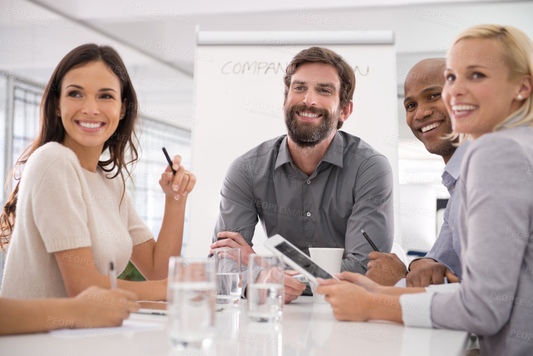 Buy stock photo Corporate, teamwork and business people with tablet in meeting, discussion and conversation for planning. Professional, office and men and women with tech for collaboration, presentation and workshop