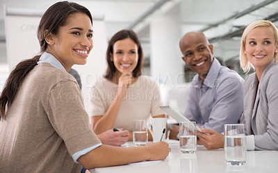 Buy stock photo Boardroom, meeting and smile with diversity, employees and collaboration for company project. Training, planning and learning with female worker writing, corporate and notepad in office space  
