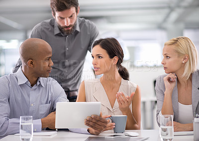 Buy stock photo Business people, teamwork and tablet for planning in meeting with speaker for corporate research, brainstorming or diversity. Collaboration, group and employees with technology and discussion at work