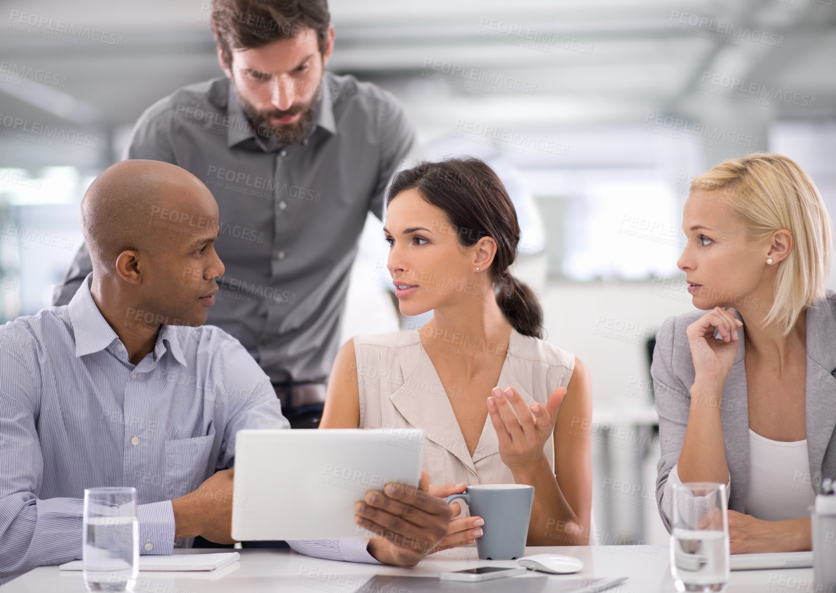 Buy stock photo Business people, teamwork and tablet for planning in meeting with speaker for corporate research, brainstorming or diversity. Collaboration, group and employees with technology and discussion at work