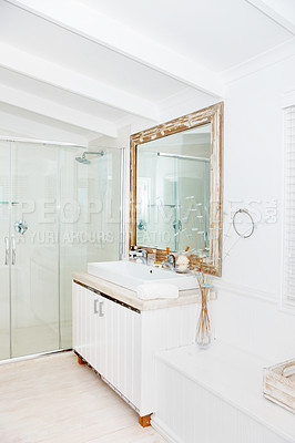 Buy stock photo Luxury, mirror and shower in the bathroom interior of a modern home or apartment for lifestyle. Hotel, real estate or wealth with marble, ceramic tiles and a vanity against a wall for design