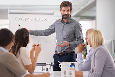 Buy stock photo Business, presentation or people in office meeting for planning, goal or brainstorming vision. Training, coaching or man speaker with conference team for design, collaboration or teamwork discussion