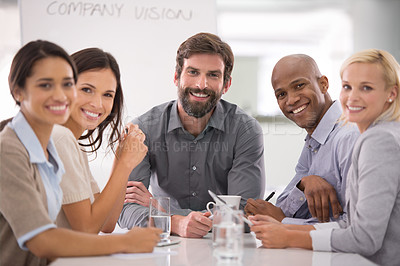 Buy stock photo Business people, portrait and company team with smile from collaboration and recruitment. Happy, hiring workforce and professional group in a management meeting with diversity at consultant agency