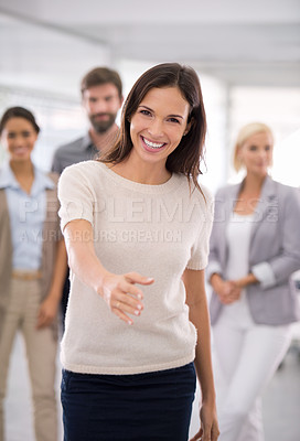 Buy stock photo Business, portrait and woman with handshake offer in office with team for onboarding welcome. Recruitment, face or lady recruiter with shaking hands gesture for thank you, success or b2b hiring deal