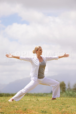 Buy stock photo Happy woman, yoga and pilates on field in nature for outdoor workout, exercise or health and wellness. Female person or yogi stretching body for zen, training or balance in wellbeing on green grass